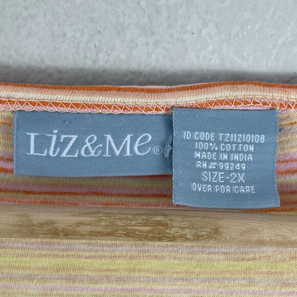 Liz & Me Womens Plus 2X Striped Floral Cotton V Neck Top 3/4 Sleeve Shirt - Picture 3 of 10